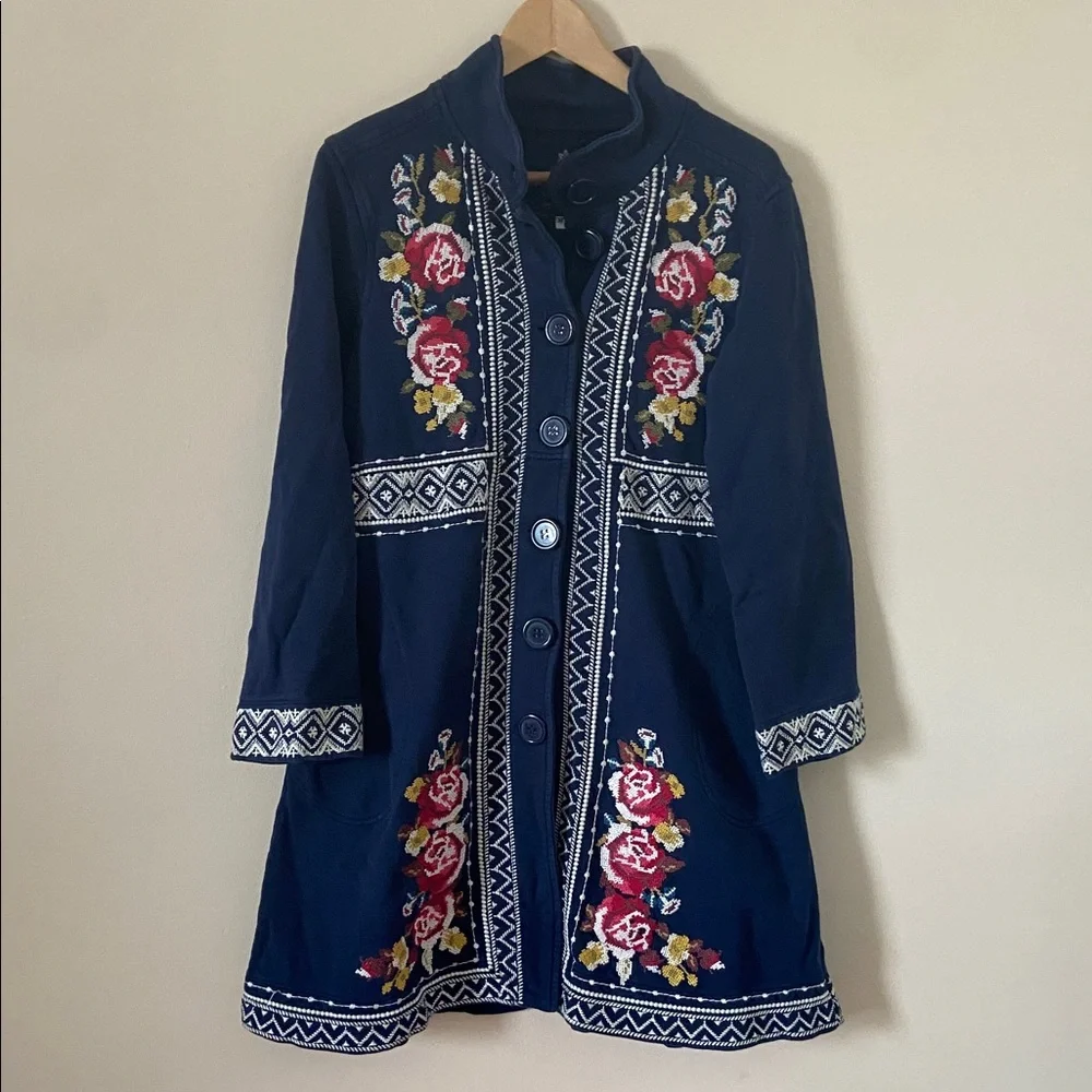 Johnny Was Floral Embroidered Cross Stitched Navy Cotton Military Jacket Medium - Picture 3 of 12